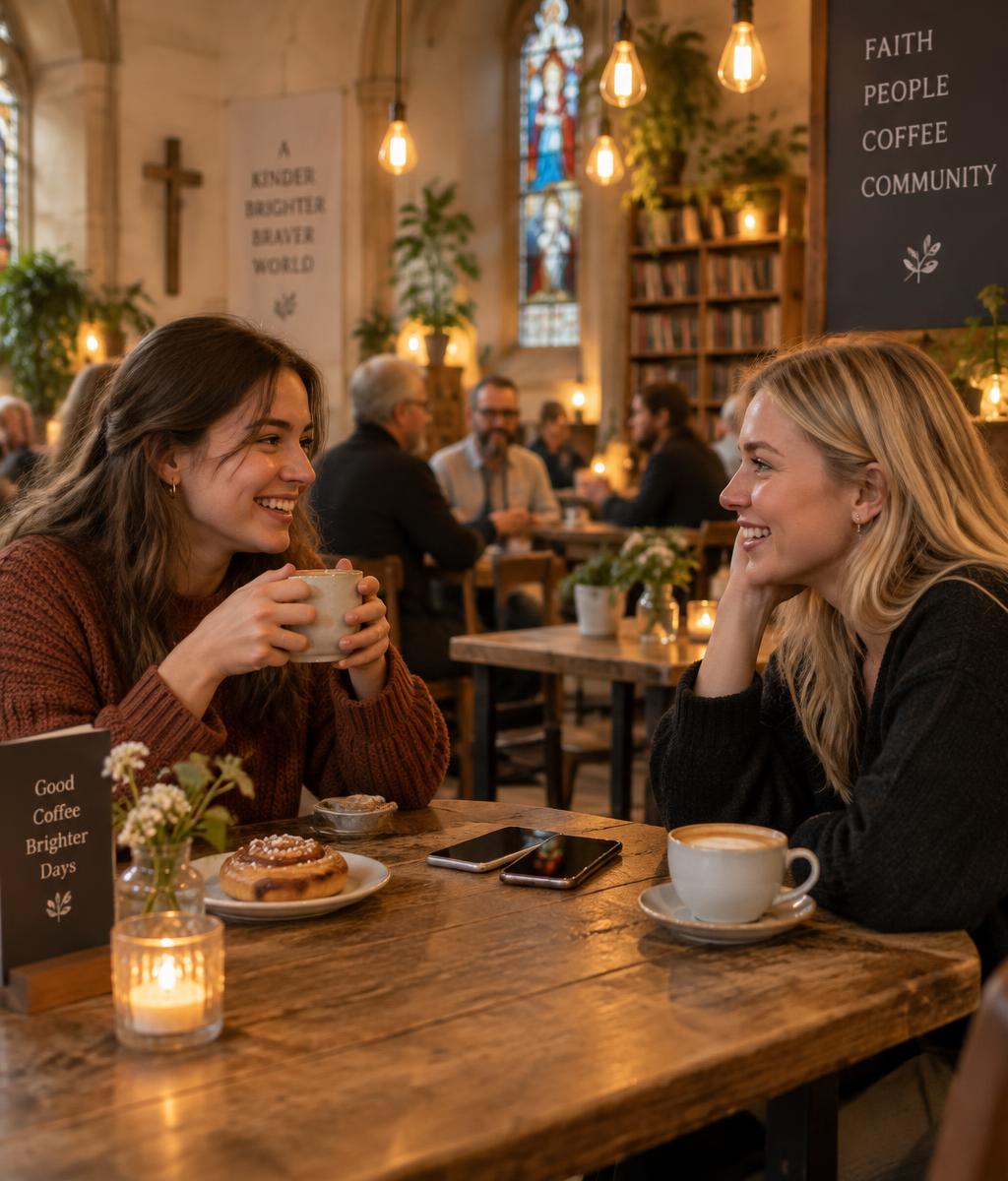 To kvinder i en 2-vejs samtale ved kaffebordet med telefonerne på bordet